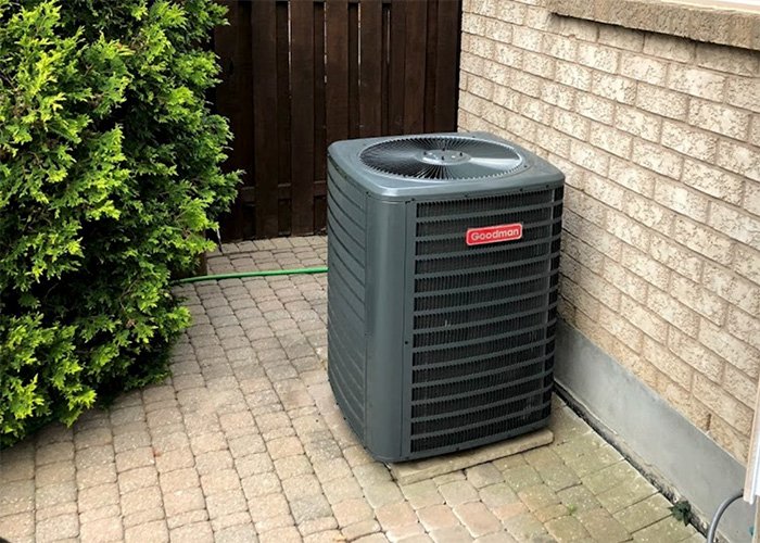 Central air conditioner installed outside a home